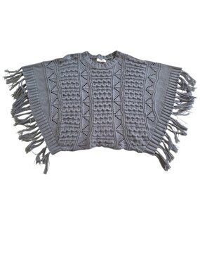 Elan Knit Poncho Sweater Women OS Gray Fringe Open Knit Hobo Coastal Hippie Boho